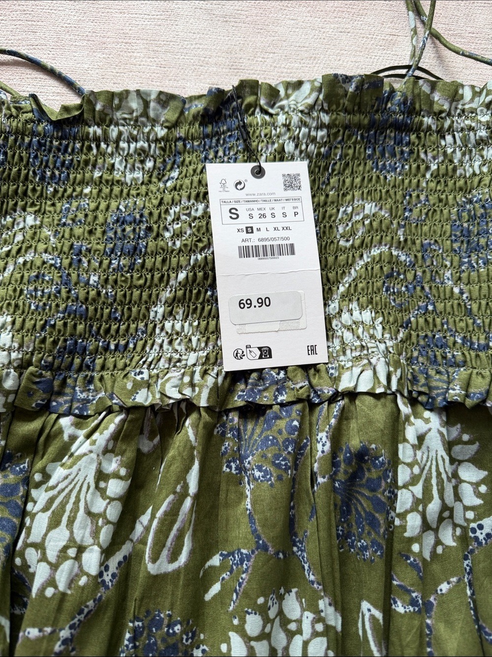 Zara Floral Maxi Dress Olive Green Smocked Bodice Small - Picture 3 of 5